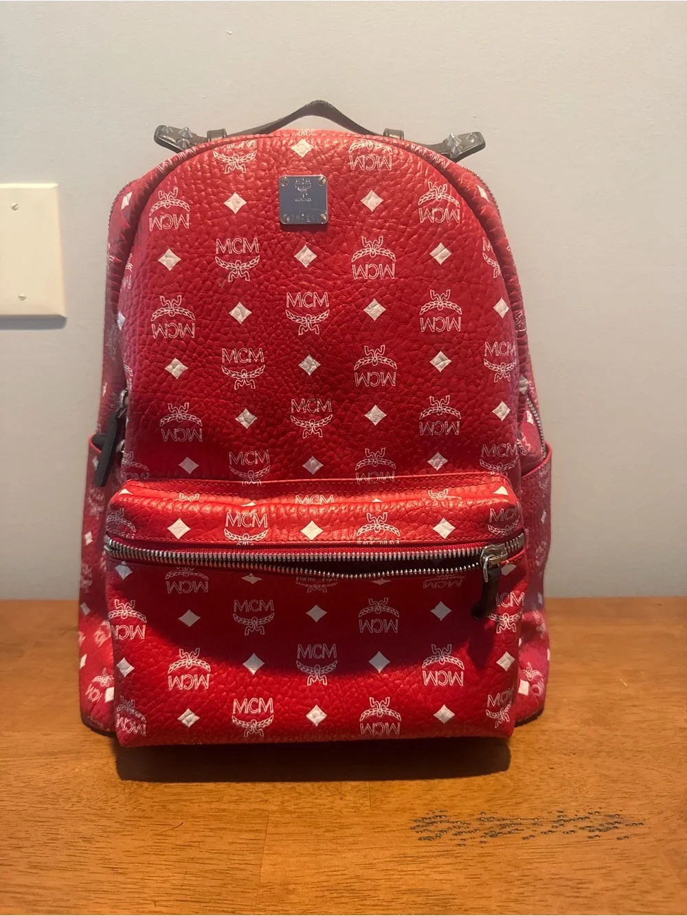 MCM Red Logo Monogram Backpack